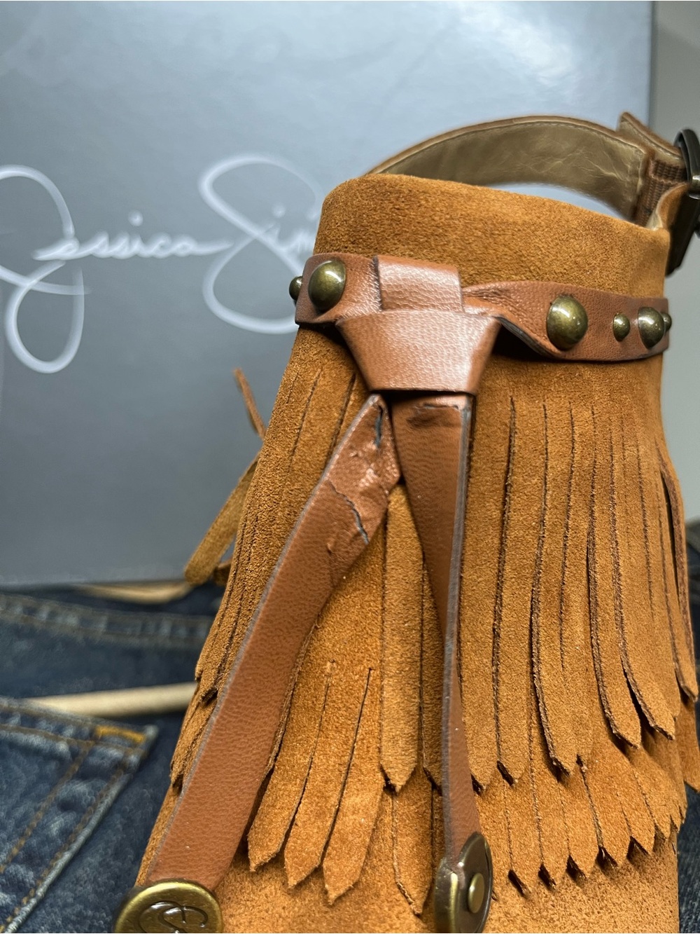 Jessica Simpson Fringe Suede Peep-Toe Sandals - Brown 11M - Picture 4 of 5